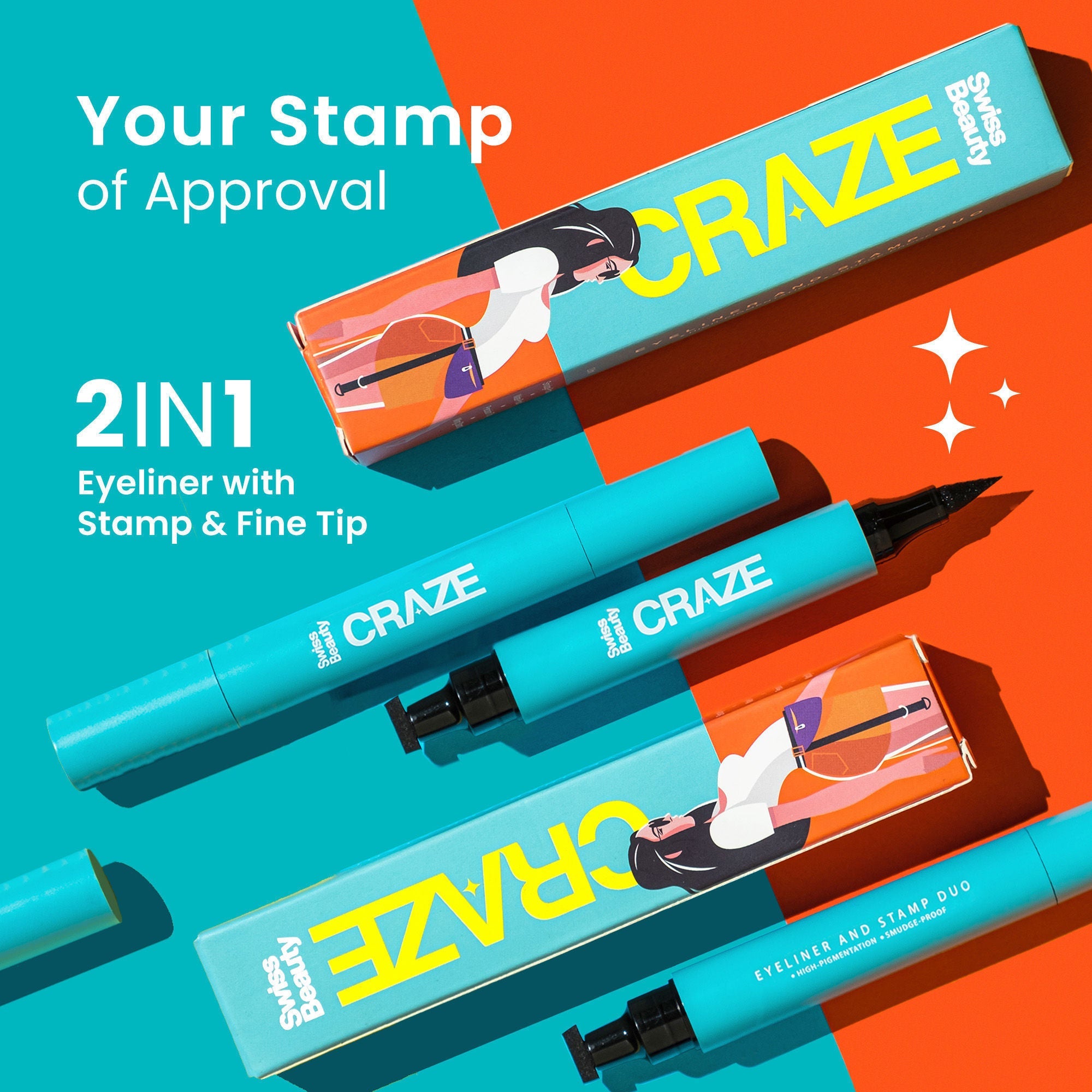 Swiss Beauty CRAZE Eyeliner and Stamp Duo Wing Eyeliner Stamp and Pen Waterproof Formula - Black