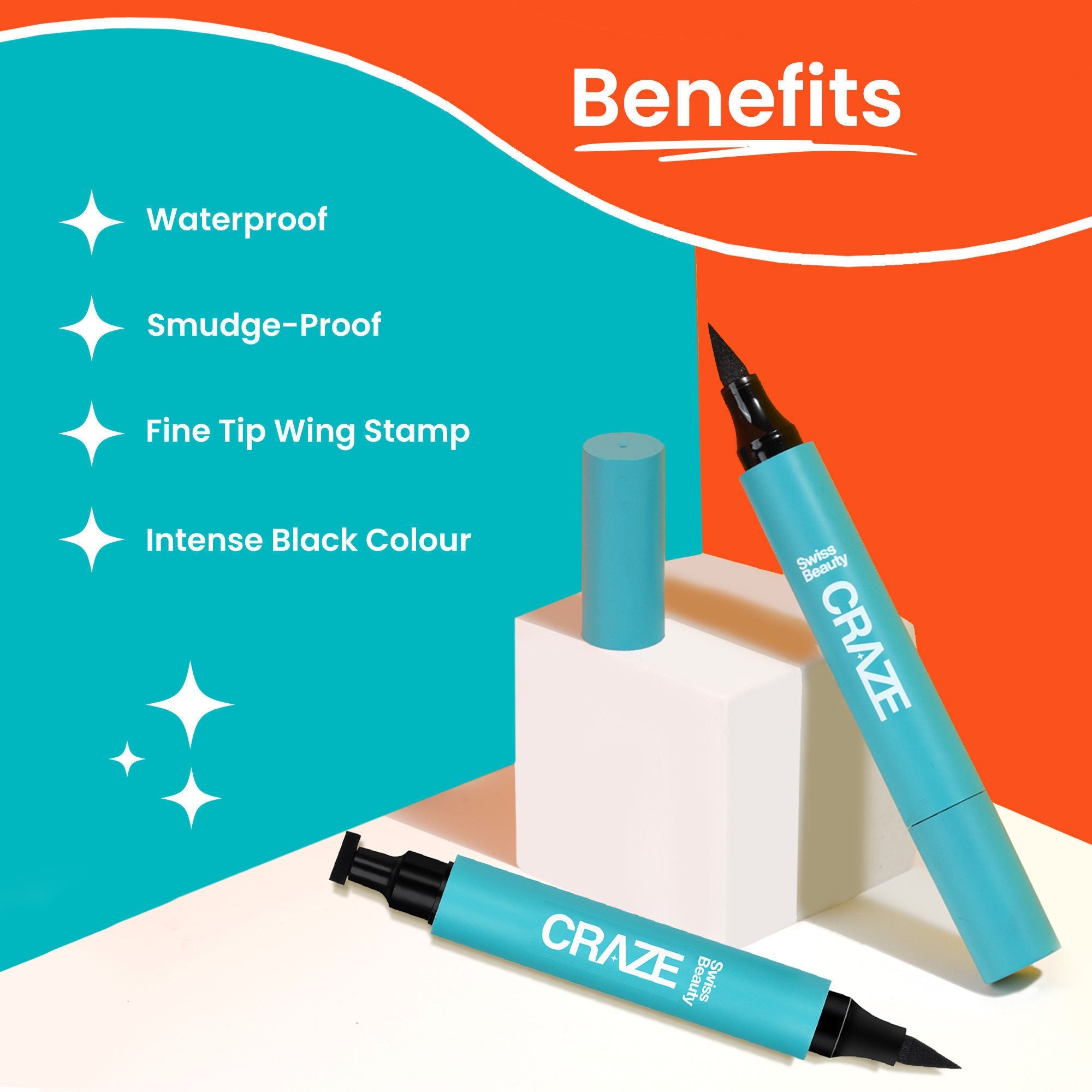 Swiss Beauty CRAZE Eyeliner and Stamp Duo Wing Eyeliner Stamp and Pen Waterproof Formula - Black
