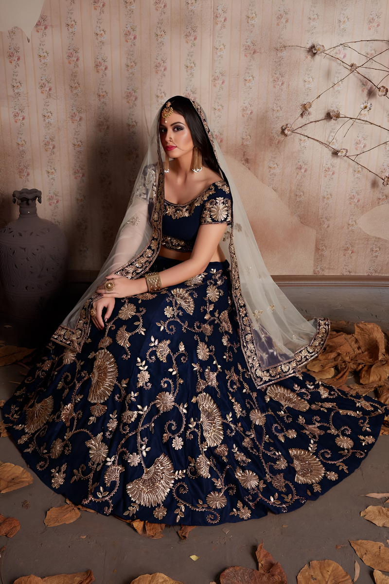 Aastha fashion blue semi velvet slik lehanga blouse fabric embroidery work