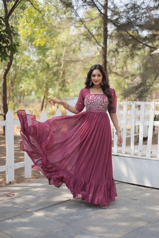 Aastha Dusty Rose with Gown fabric Faux Georgette Sequins Multithreaded Embroidered