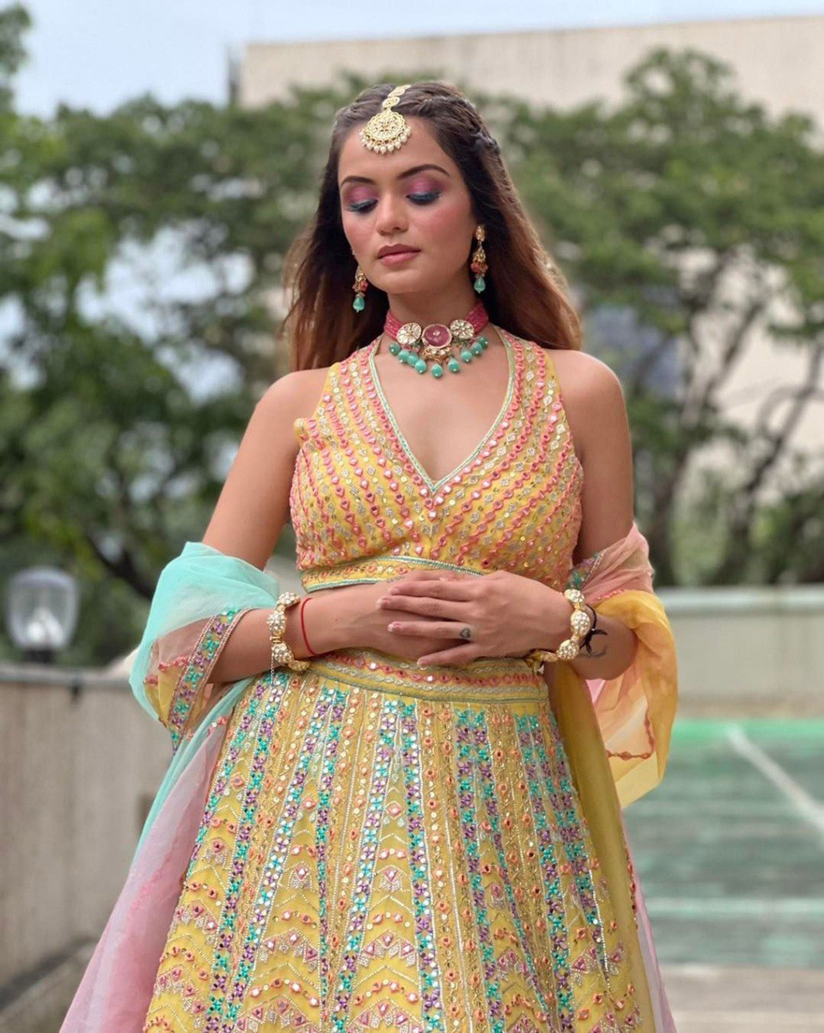 Aastha fashion off Yellow Lehenga Choli with Dola Silk With Fusing  blouse fabric