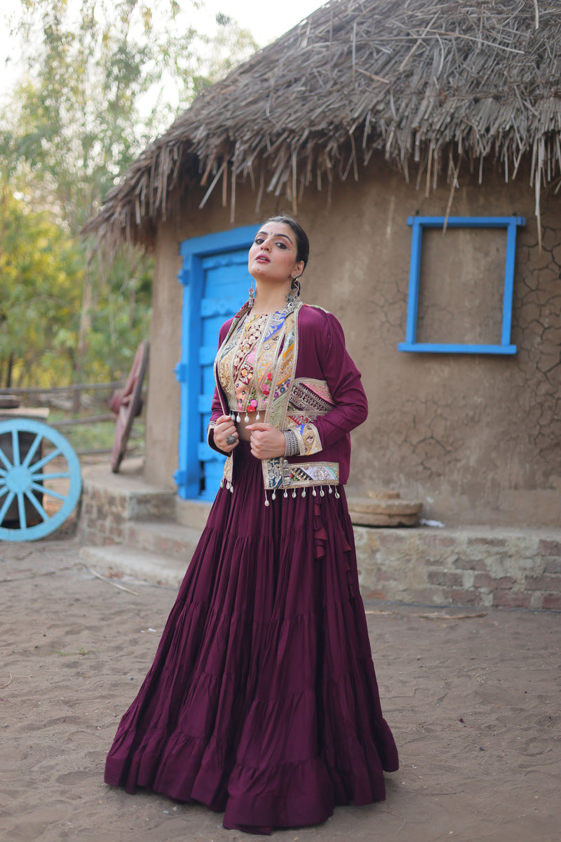 Aastha fashion off wine Lehenga Choli with 14Kg Reyon with Standard Frill fabric blouse fabric