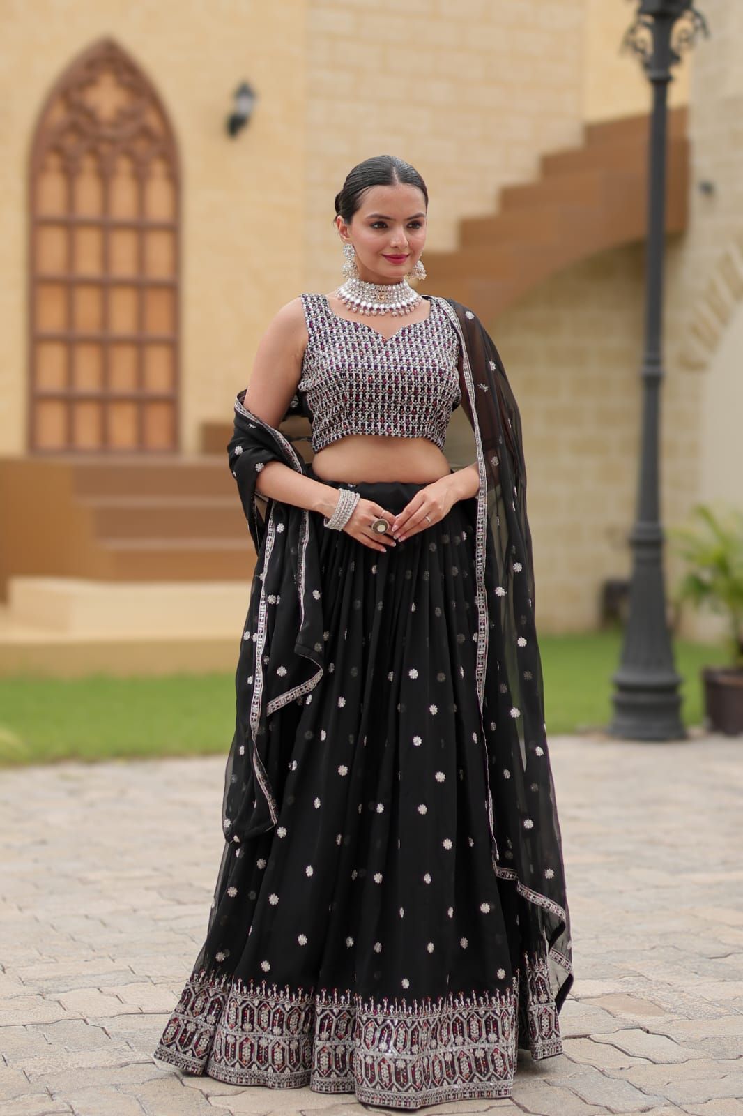 Aastha fashion black faux georgette lehanga blouse fabric embroidery work