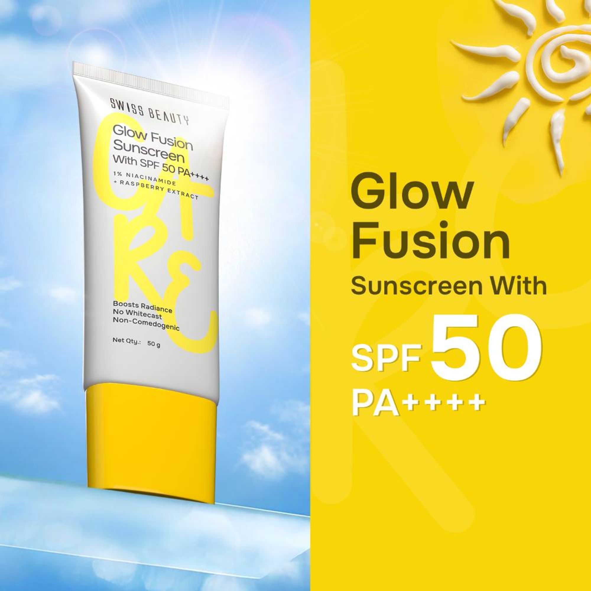 Swiss Beauty Care Glow Fusion Sunscreen SPF 50 PA++++ - 1% Niacinamide & Raspberry Extract