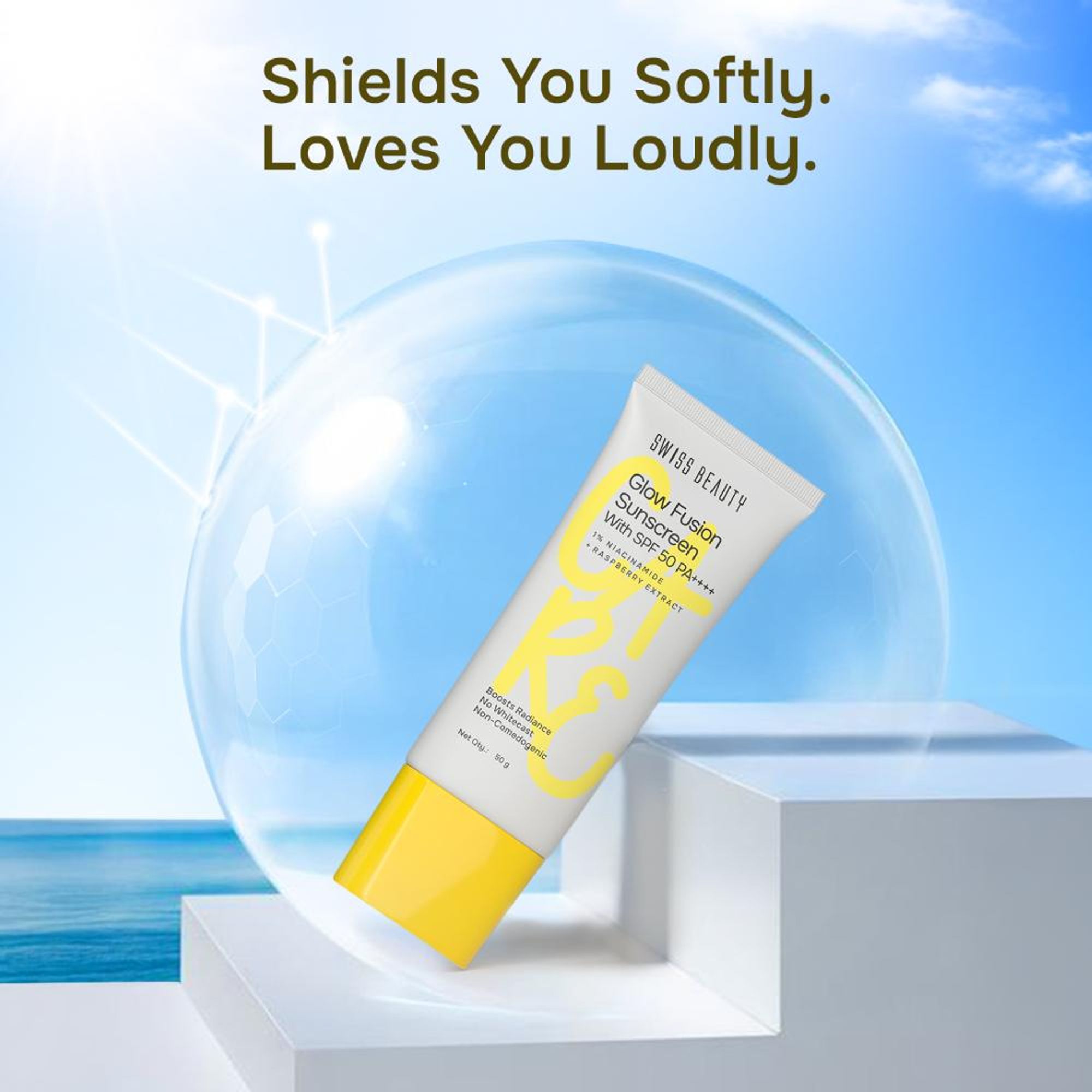 Swiss Beauty Care Glow Fusion Sunscreen SPF 50 PA++++ - 1% Niacinamide & Raspberry Extract