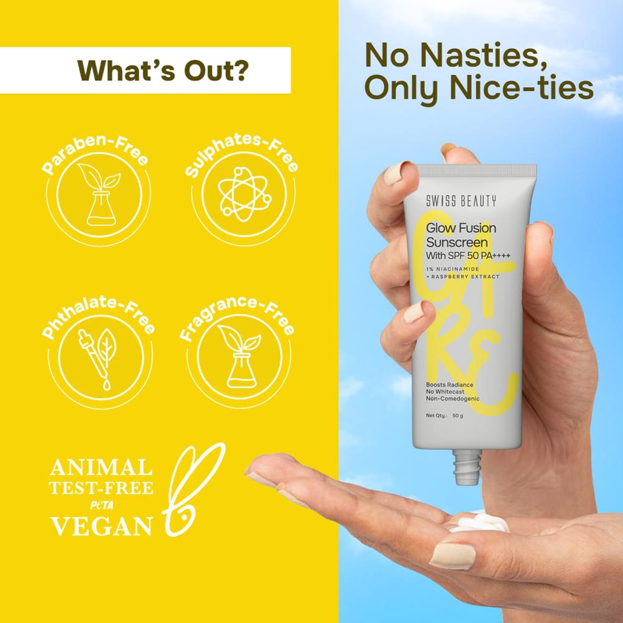 Swiss Beauty Care Glow Fusion Sunscreen SPF 50 PA++++ - 1% Niacinamide & Raspberry Extract