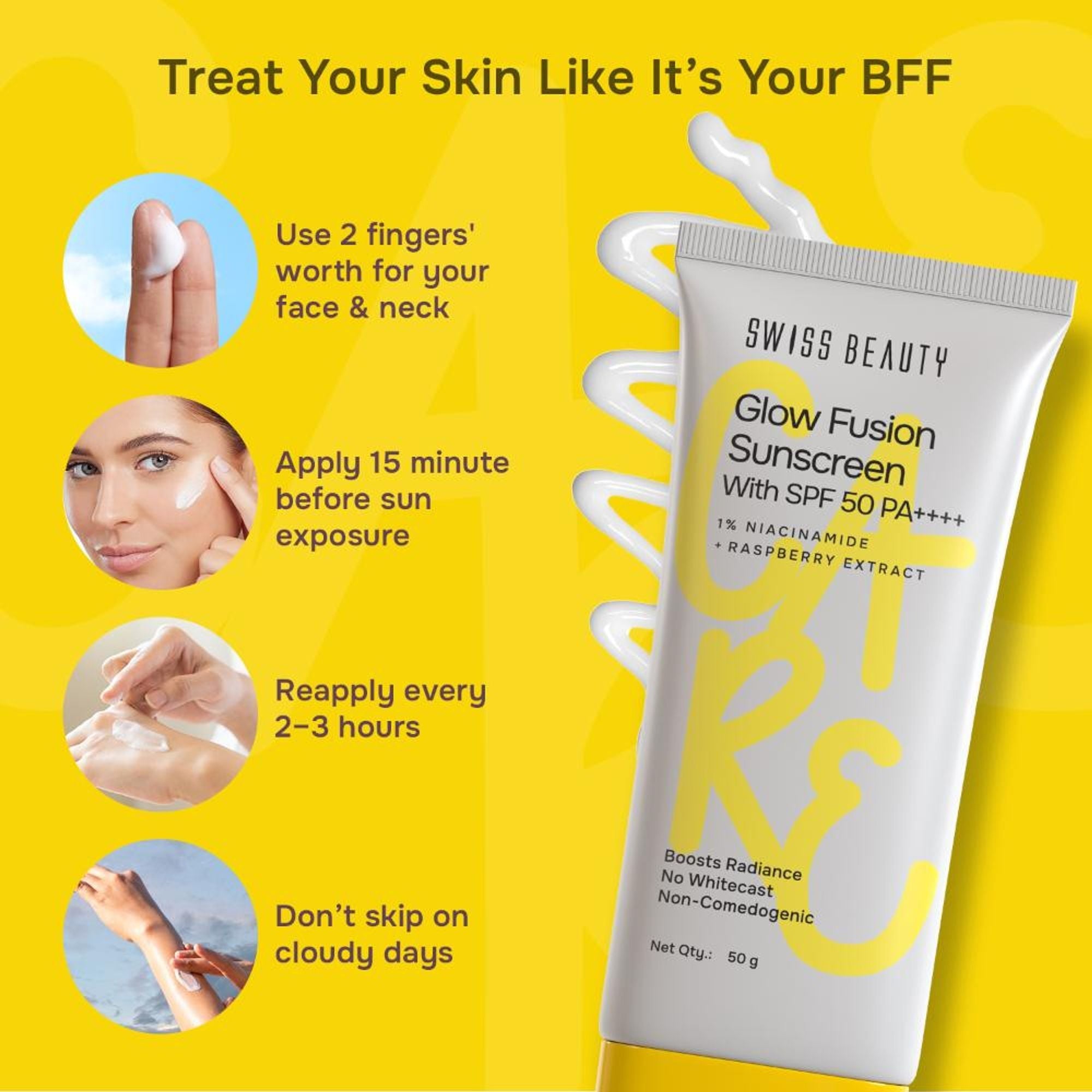 Swiss Beauty Care Glow Fusion Sunscreen SPF 50 PA++++ - 1% Niacinamide & Raspberry Extract
