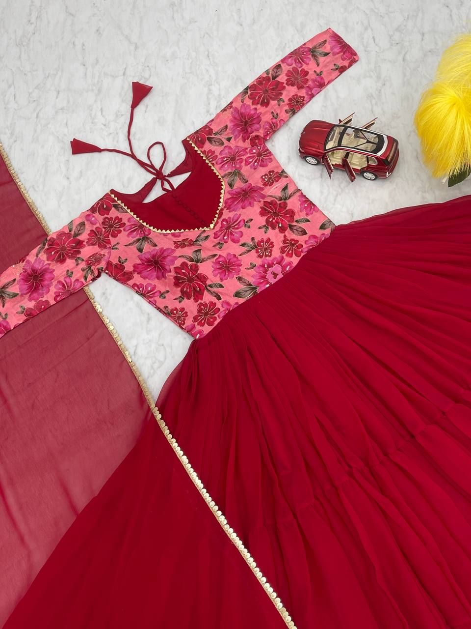 Aastha Red Fox Georgette with Micro Cotton Heavy position print Work