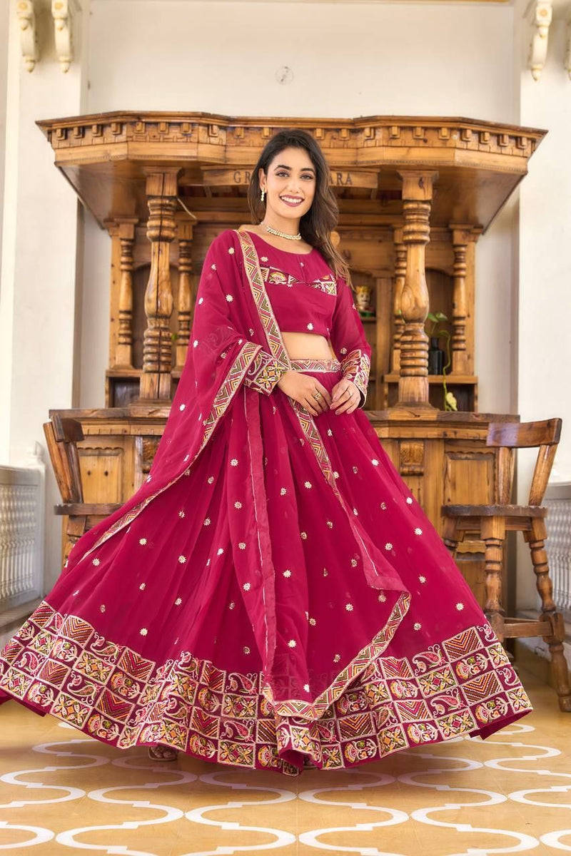 Aastha fashion Magenta Faux Georgette lehanga blouse fabric Heavy Sequence and Thread Embroidery Work