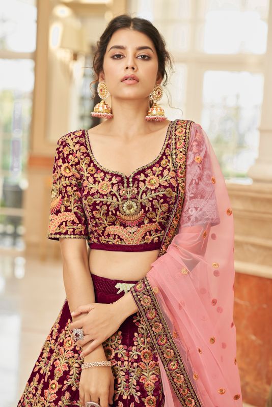 Aastha fashion Maroon Velvet lehanga blouse fabric Thread, Zari, Dori and Sequins Embroidery Work