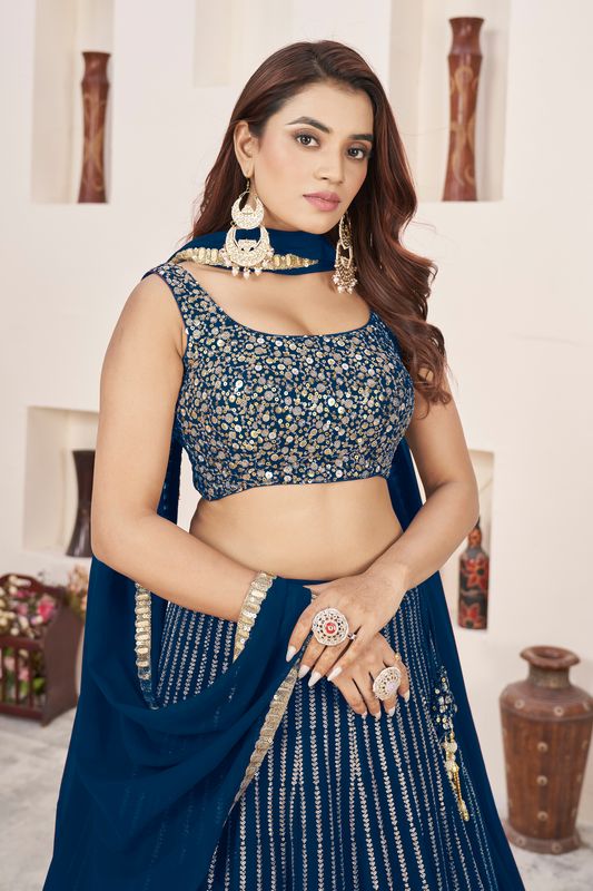 Aastha fashion blue georgrtte lehanga blouse fabric Sequins Zari Embroidered Work