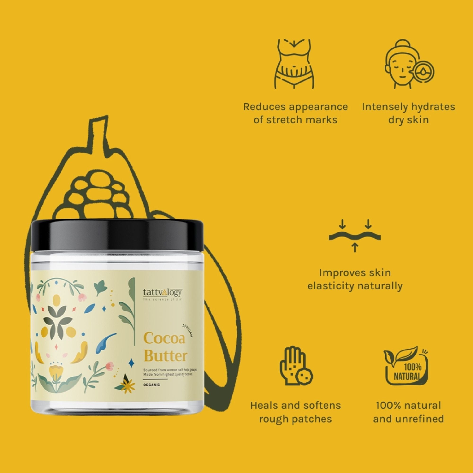 Tattvalogy African Cocoa Butter in Jar Packaging, Raw Unrefined, Body Butter & Moisturizer