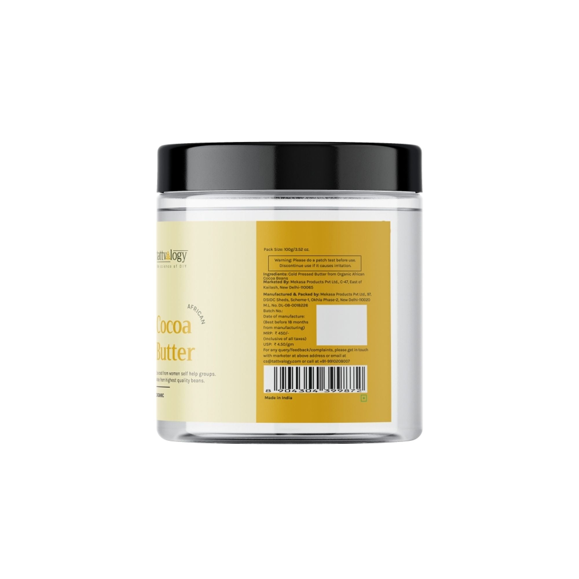 Tattvalogy African Cocoa Butter in Jar Packaging, Raw Unrefined, Body Butter & Moisturizer