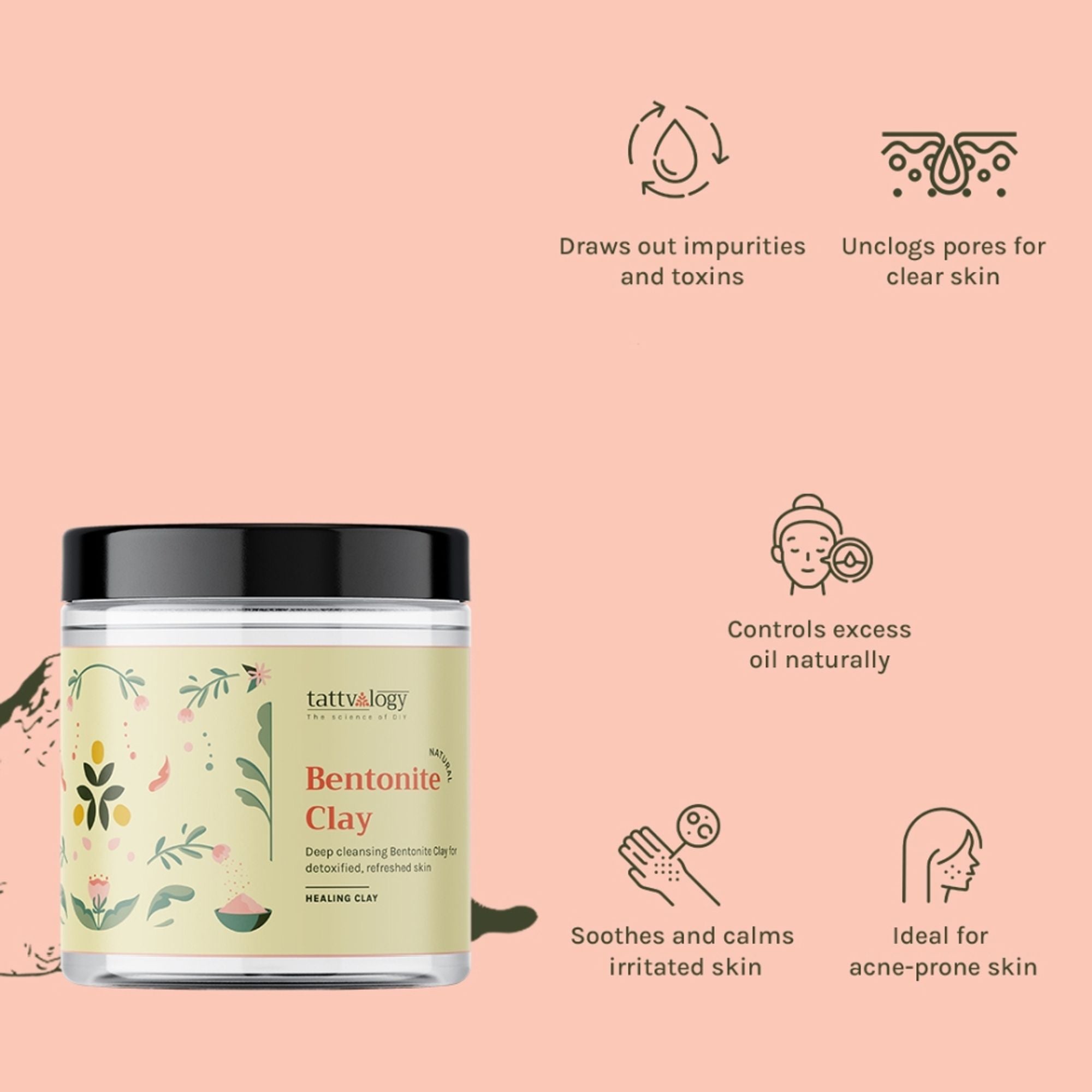 Tattvalogy Indian Bentonite Clay Powder - Detox Mask for Oily Skin, Acne and Deep Pore Cleansing