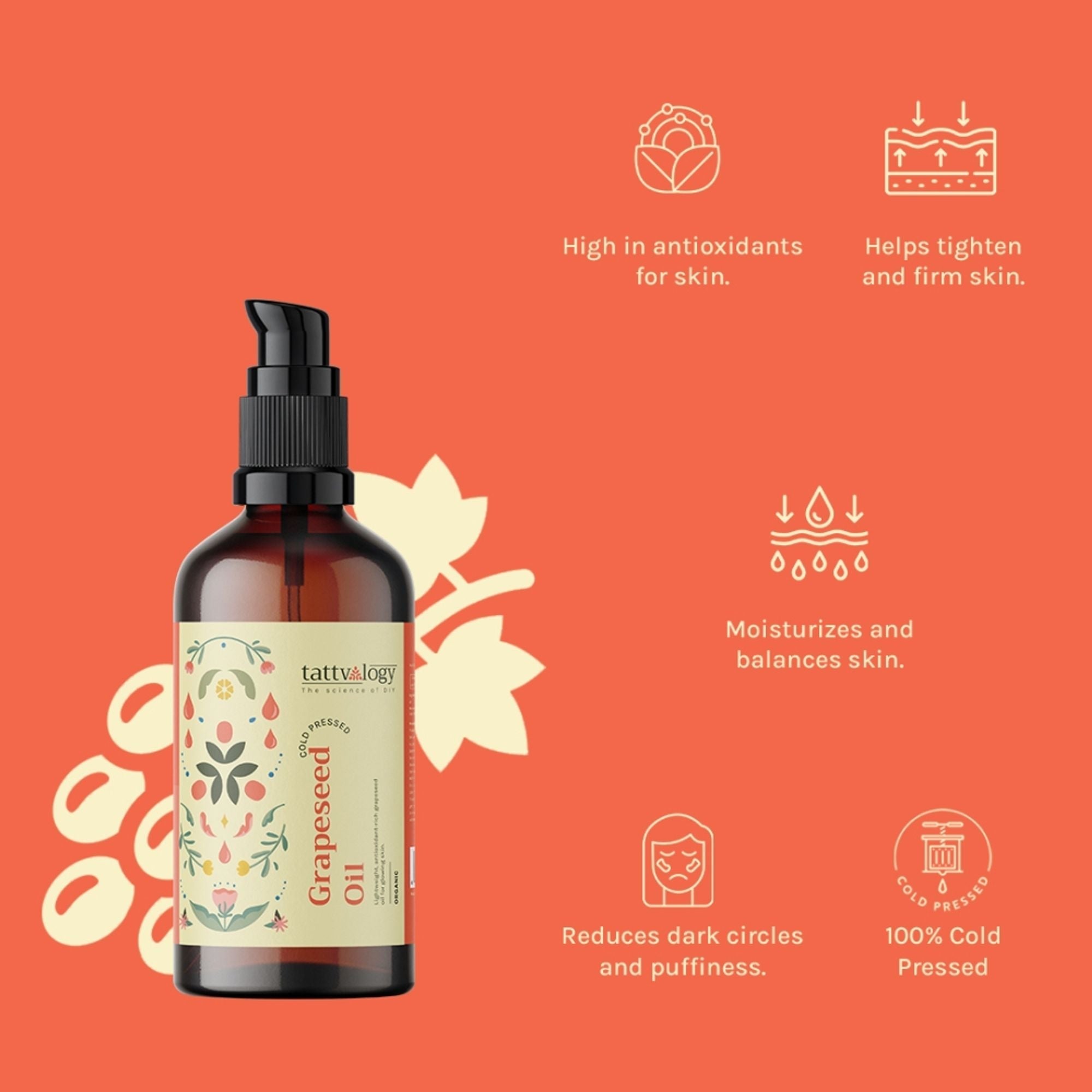 Tattvalogy Organic Grapeseed Oil - Cold Press, Reduces Fine Lines, Boosts Collagen, Evens Skin Tone