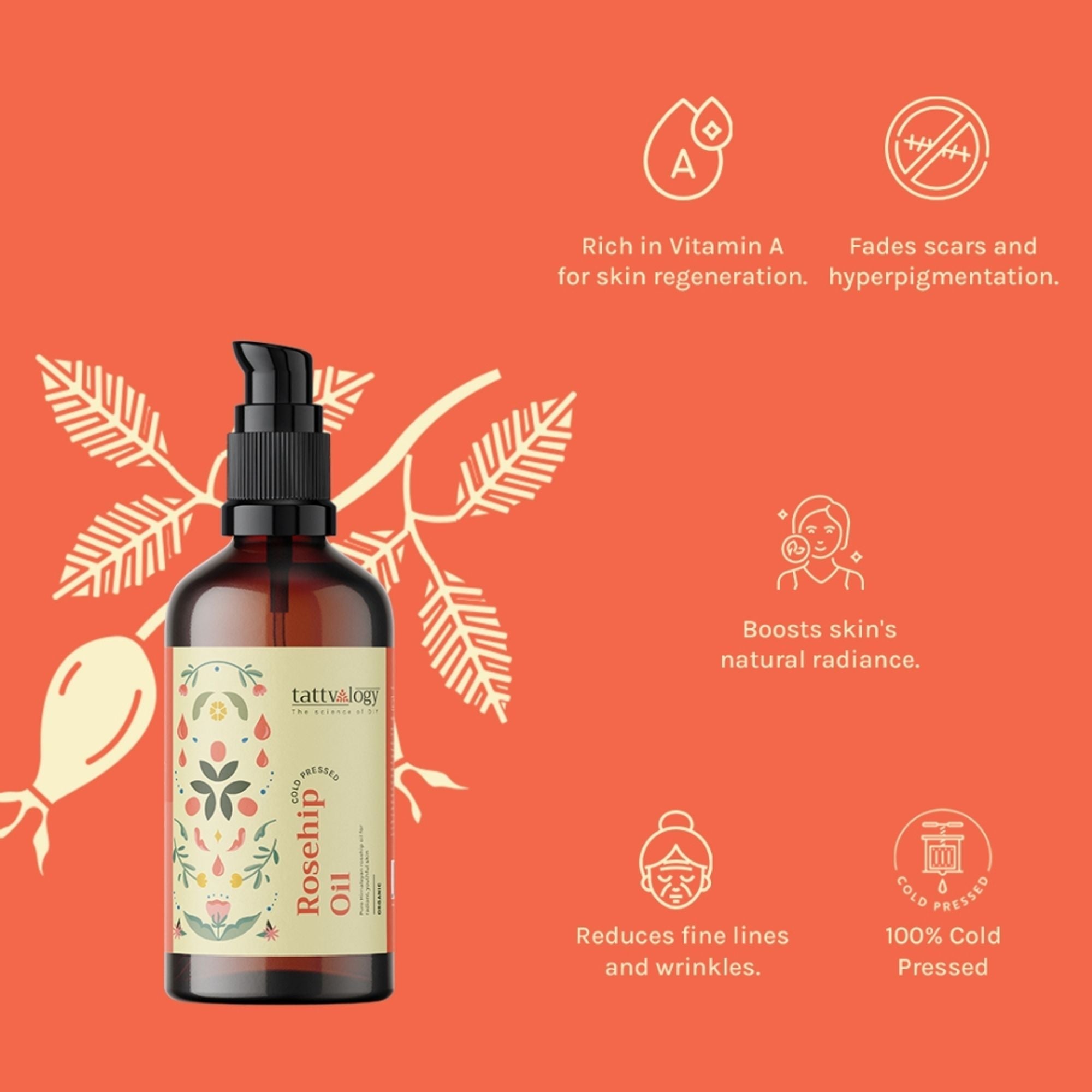 Tattvalogy Raw Rosehip Oil - Vitamin-C Rich, Boosts Collagen, Reduces Hyperpigmentation for Glow