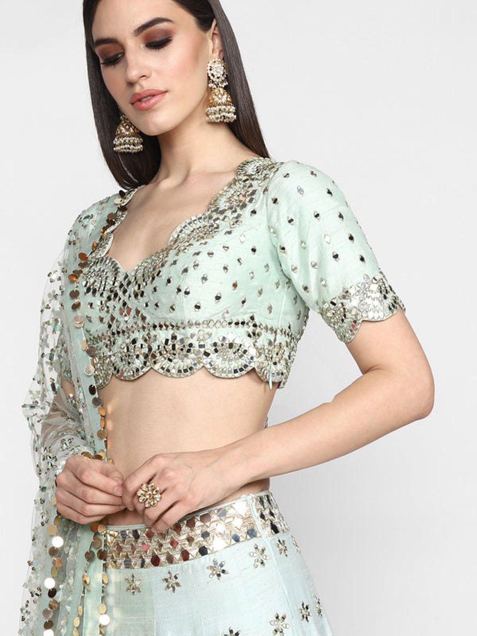 Aastha fashion off pista Lehenga Choli with heavy banglori slik blouse fabric