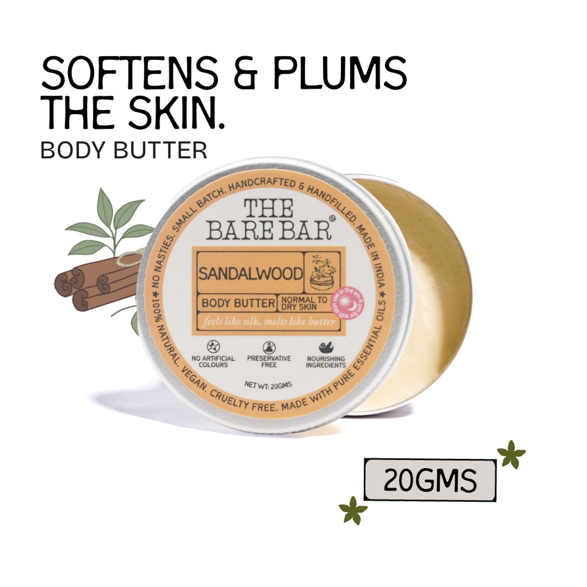 The Bare Bar Sandalwood Body Butter - Nourishing Woody Butter With Shea, Mango, Vit E