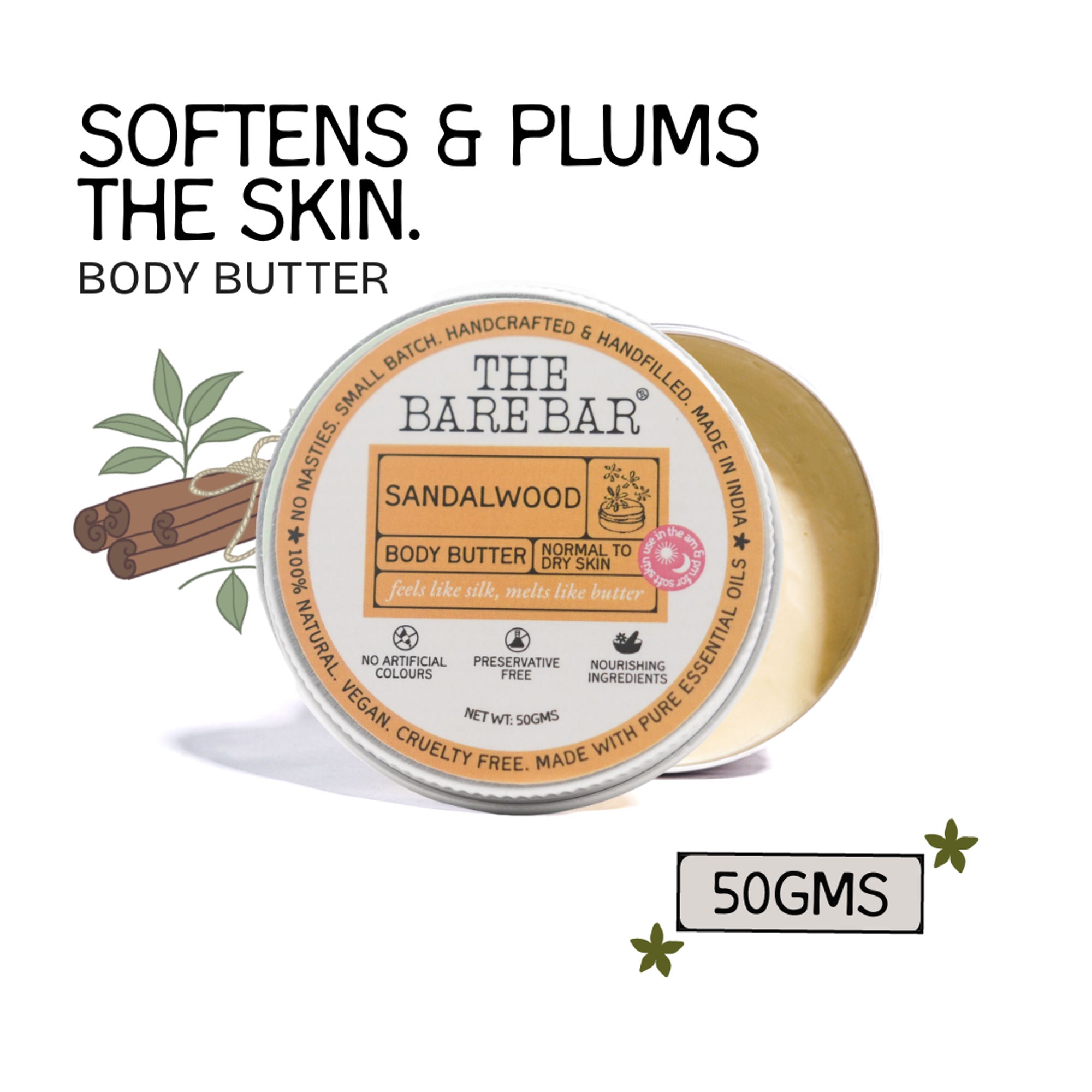The Bare Bar Sandalwood Body Butter - Nourishing Woody Butter With Shea, Mango, Vit E