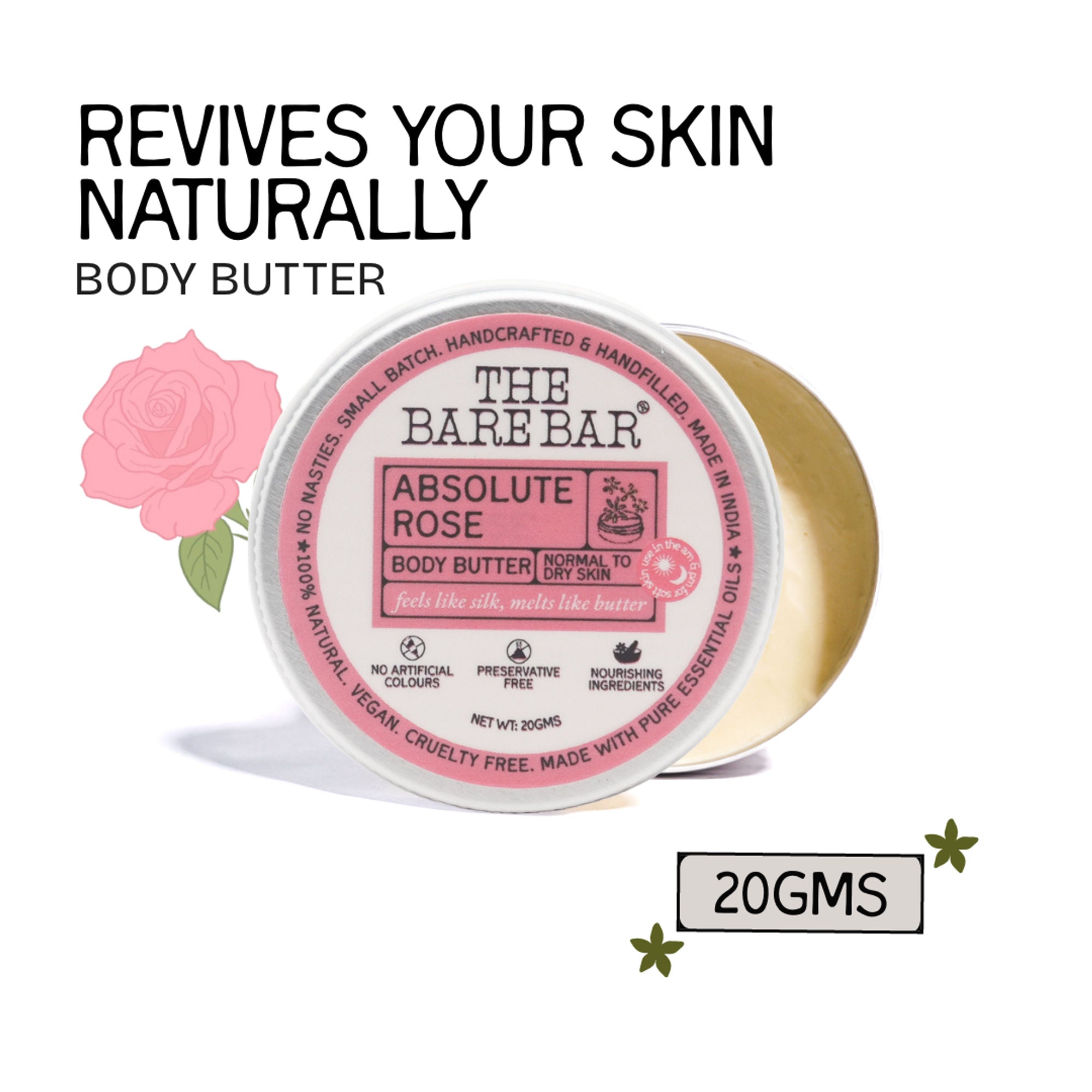 The Bare Bar Absolute Rose Body Butter - Rose-Scented Moisturizer With Clean, Rich Formula