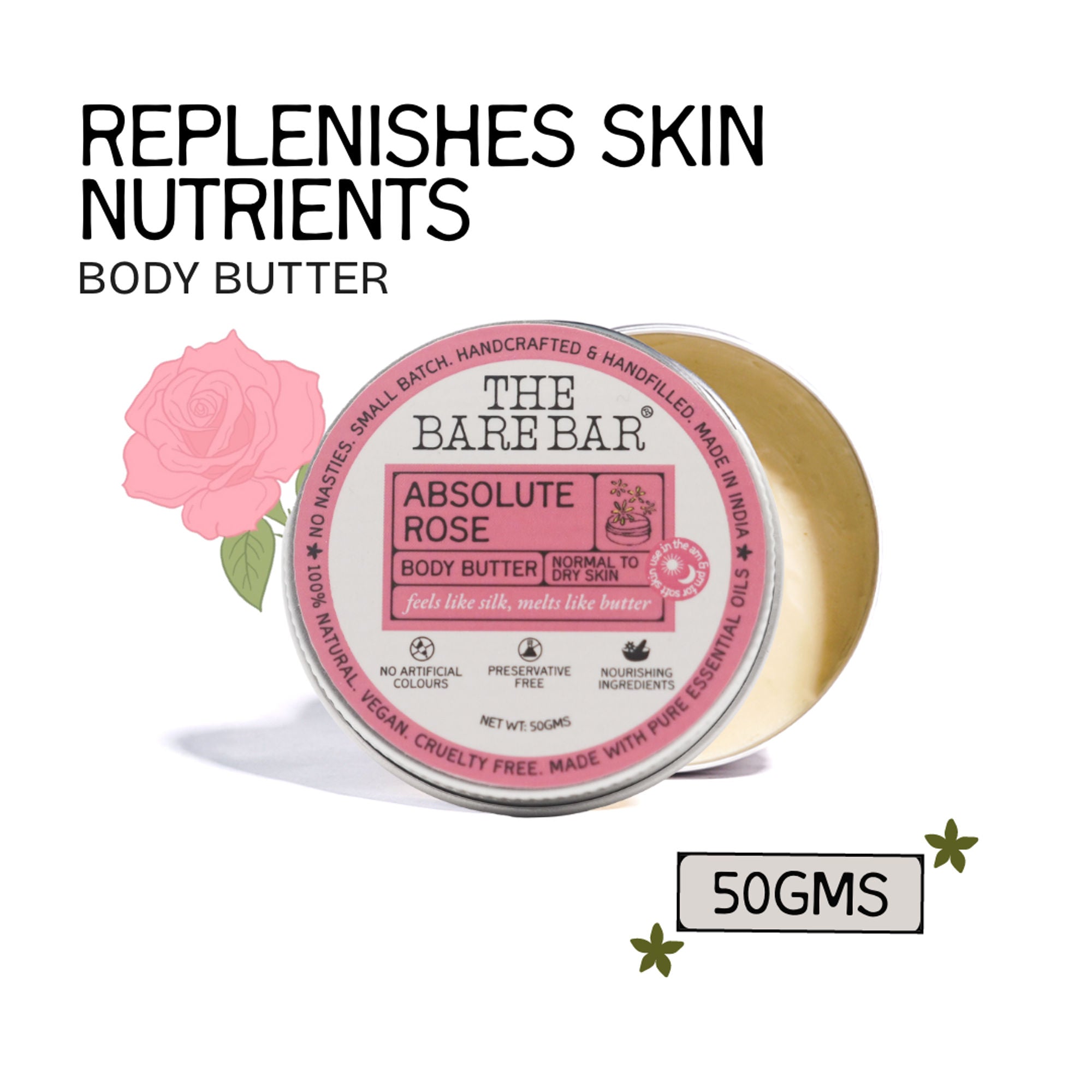 The Bare Bar Absolute Rose Body Butter - Rose-Scented Moisturizer With Clean, Rich Formula