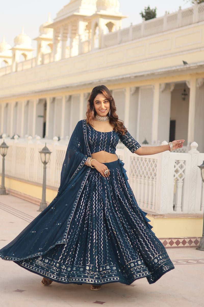 Aastha fashion  teal Lehenga faux blooming blouse fabric embroidery work