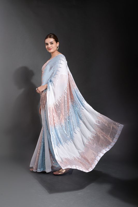 Aastha White Heavy Georgette Fabric Beautiful Multicolored Sequence embroidery work