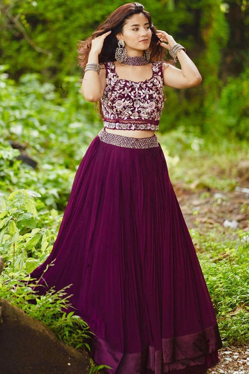 Aastha fashion Wine Georgette lehanga blouse Embroidered work - Prithvi Mart