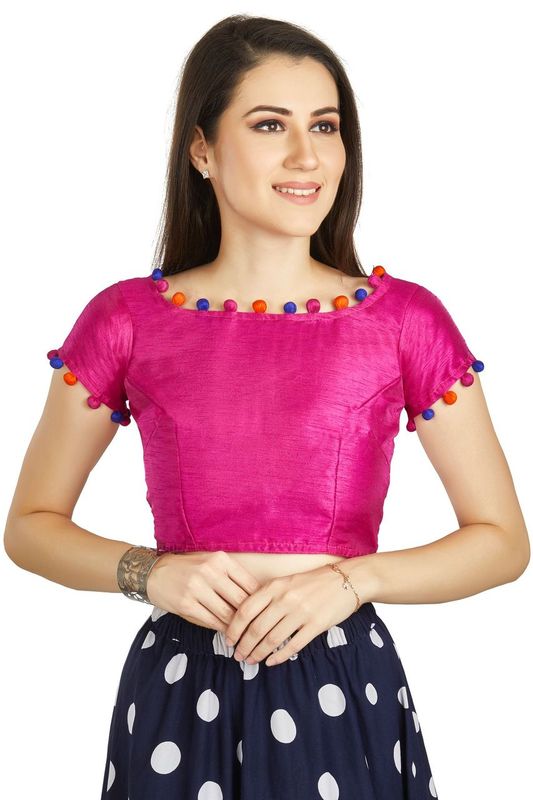 Aastha fashion Pink Art Sleek Boat Neck Blouse Work Potli Design In Neck Or Sleeve