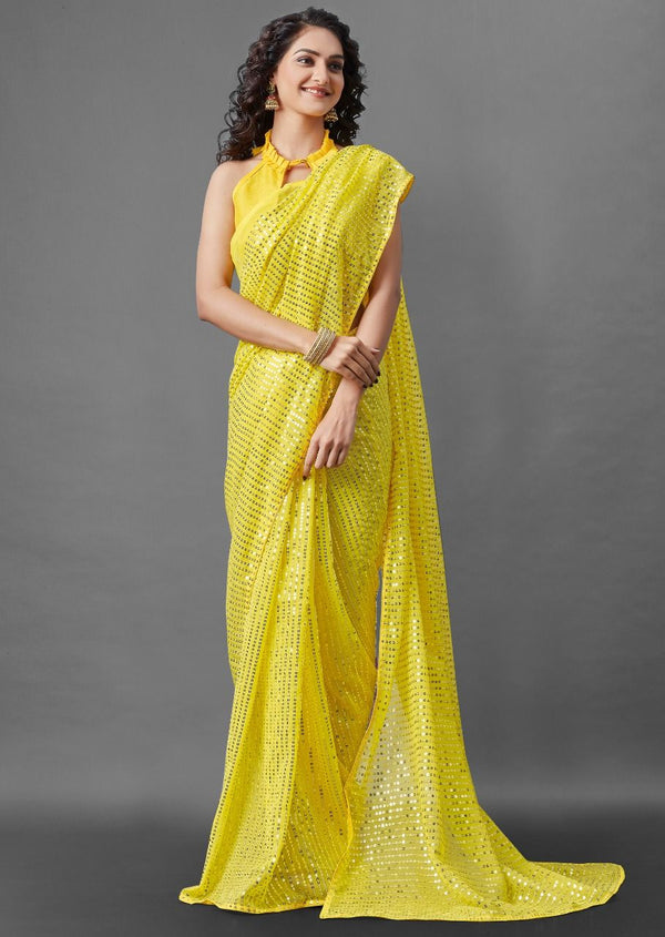 Aastha Light Yellow Heavy Georgette Satin Banglori Sequance Embroidery Work