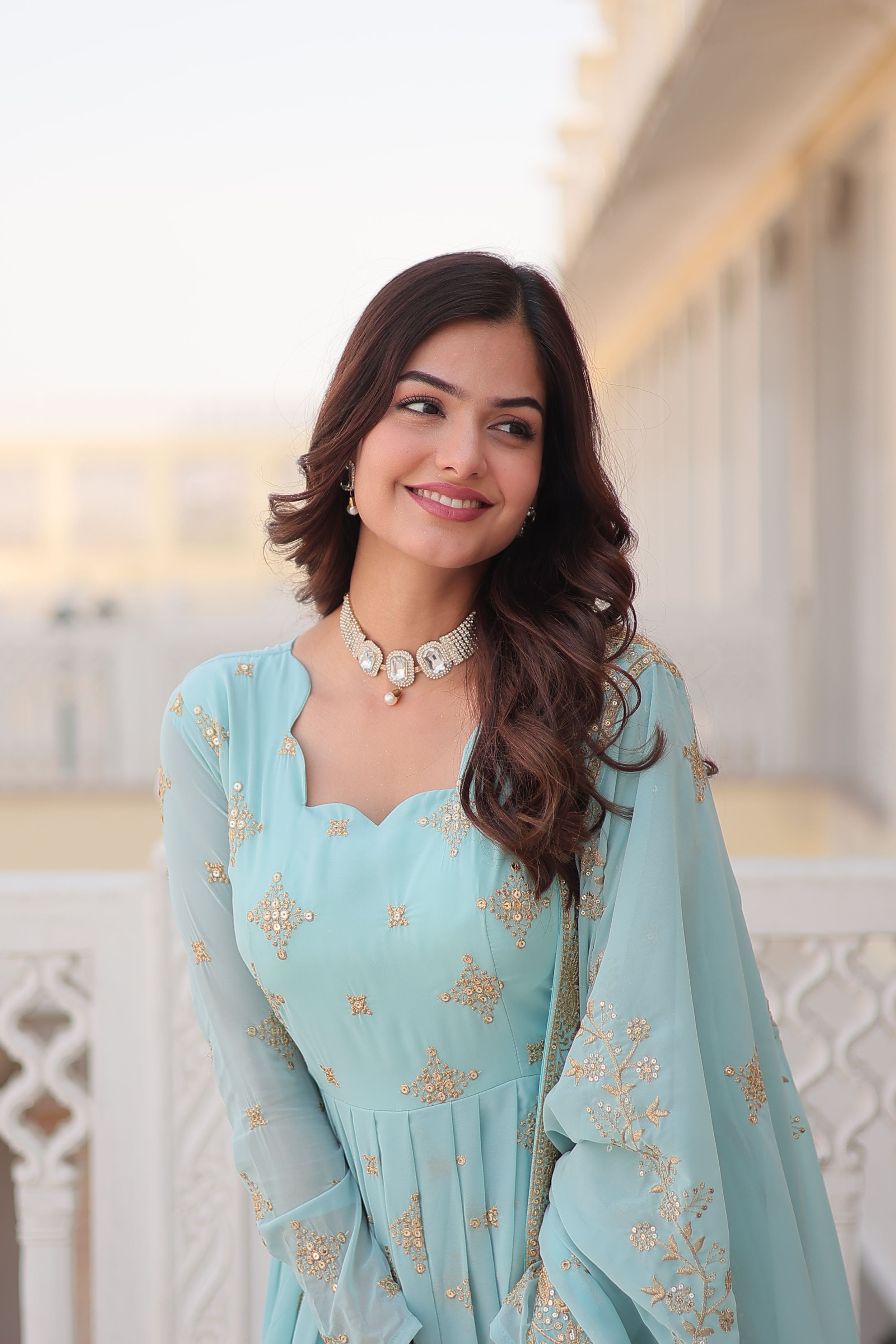 Aastha Sky Faux Georgette with Gown fabric Embroidery Zari Sequins