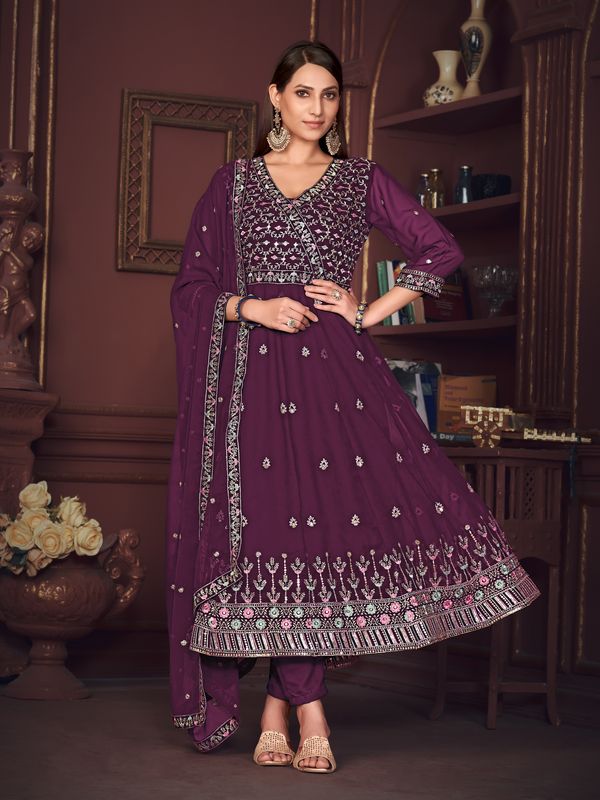 Aastha  Purple with Net top fabric Santoon Net Bottom fabric