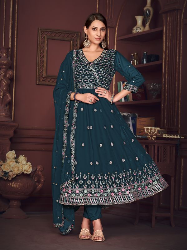 Aastha Turquoise Blue with Net top fabric Santoon Net Bottom fabric