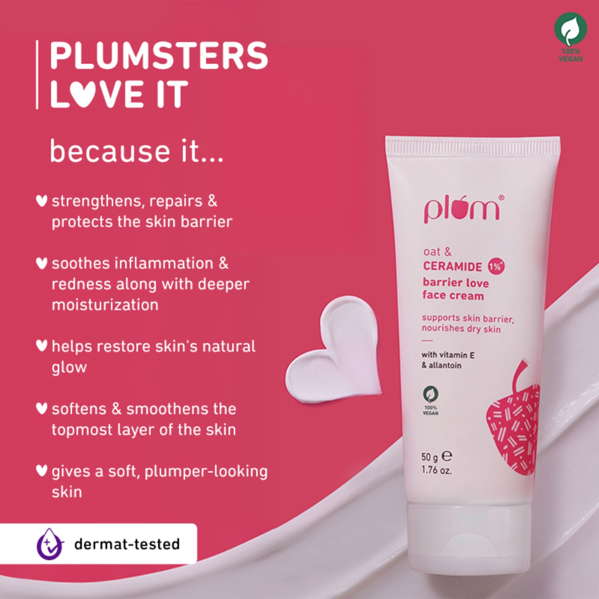 Plum 1% Ceramide Face Cream With Oat, Strengthens Skin Barrier & Nourishes