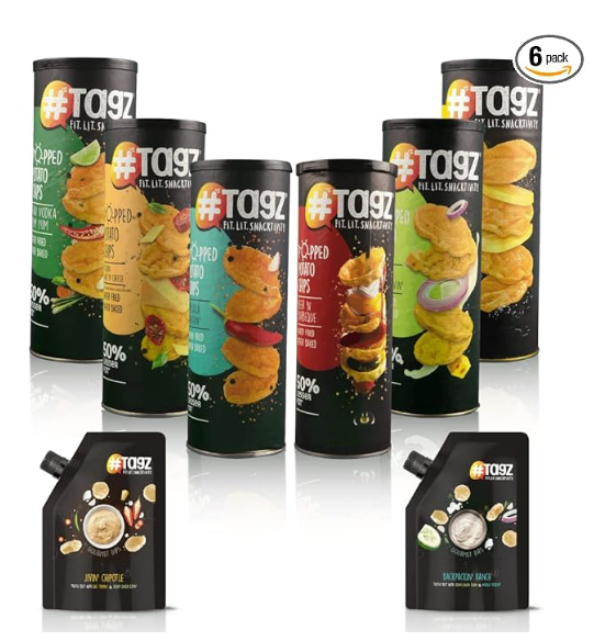 TAGZ Popped Potato Chips | Not Fried, Not Baked | | No Cholesterol | Healthy Snack, Assorted Pack TagZ - Pack of 6 Canz + 2 Dips