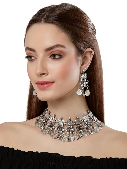 Diva Fashion Latest Stylish Fancy Oxidized Traditional | Navratri and Garba (dandia) | Oxidised Choker Necklace Jewellery Set for Women