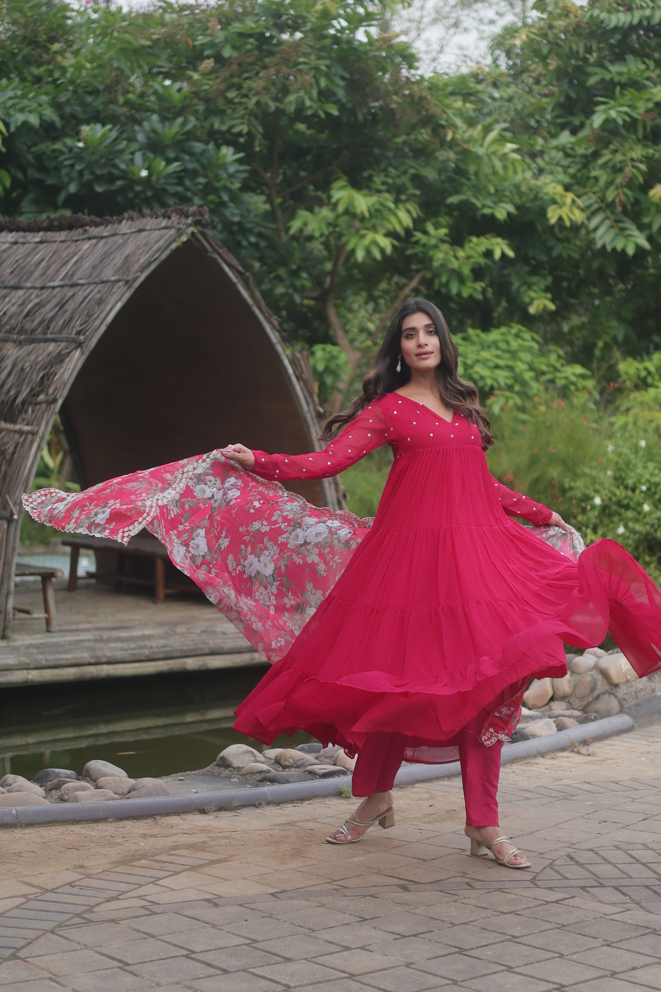 Aastha Pink Faux Bloomin Soft organza with Gown Embroidered Work