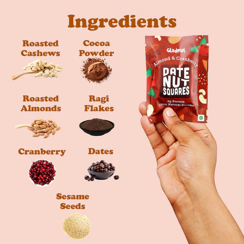Gladful Date Nut Squares - Almond & Cranberries: 8 Bars