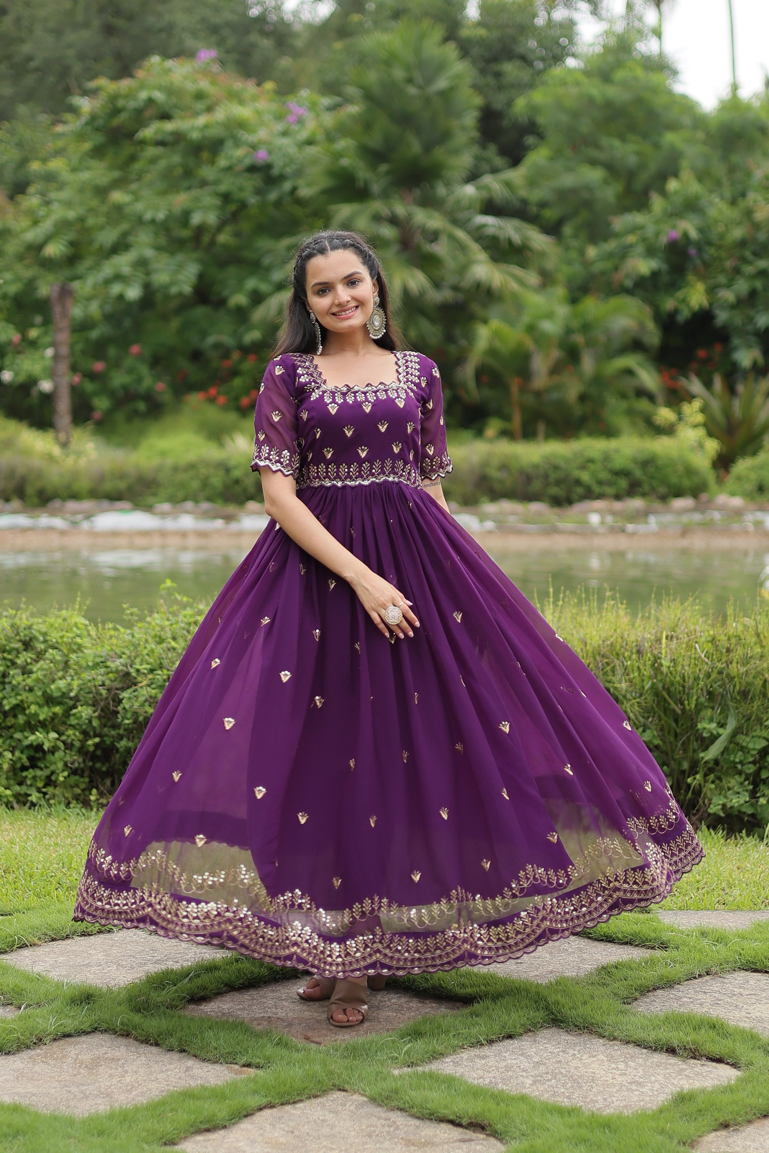 Aastha Purple Faux Blooming with Gown Embroidery Zari Sequins-work