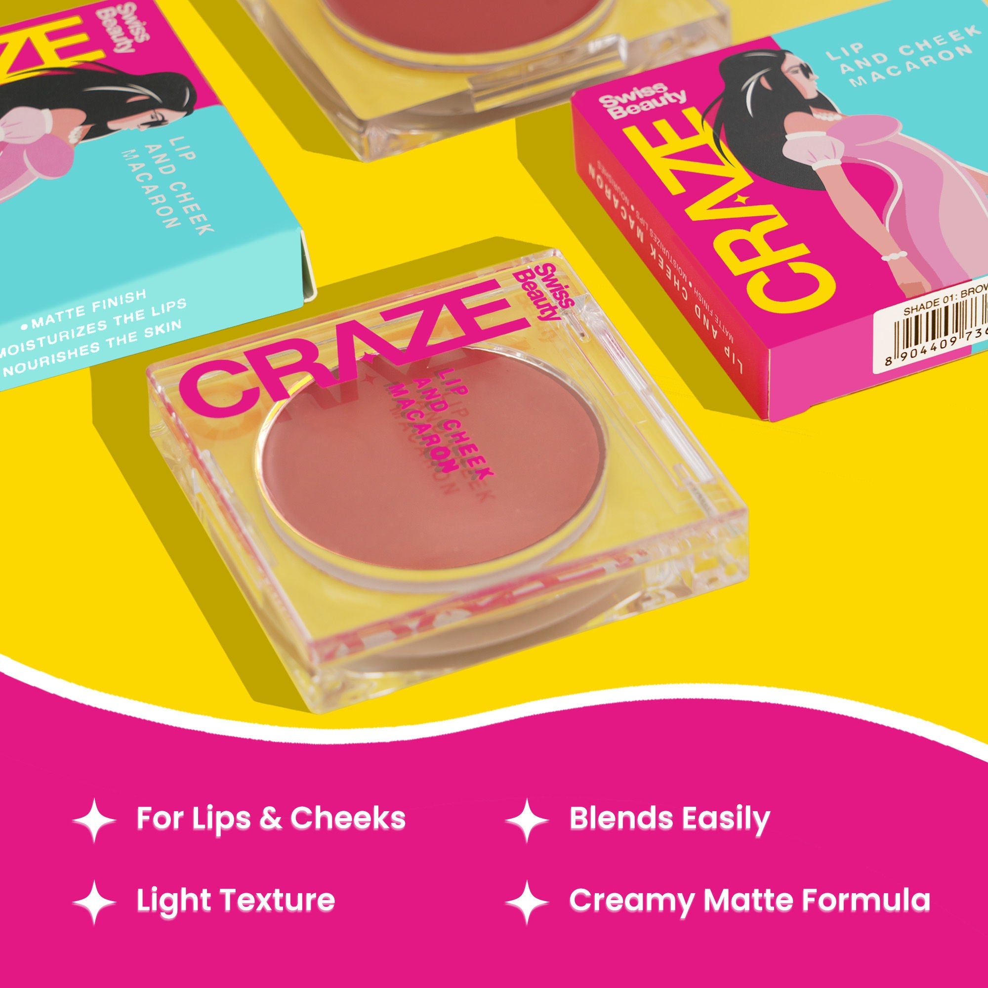 Swiss Beauty CRAZE Lip & Cheek Macaron With Vitamin E And Olive Oil - 05 Strawberry