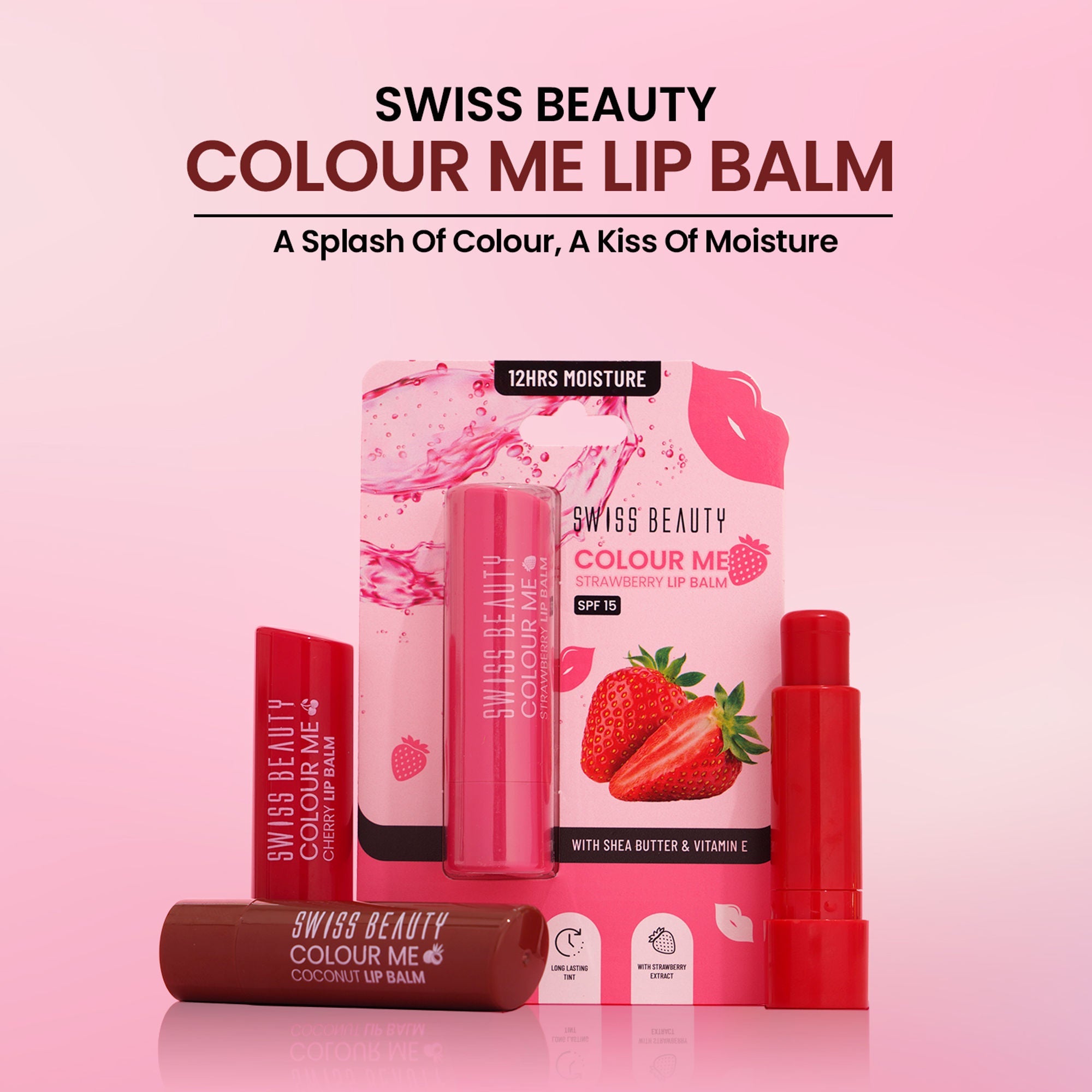 Swiss Beauty Colour Me Tinted Lip Balm For Dry With SPF 15 , Shea Butter and Vitamin E - Strawberry Slush