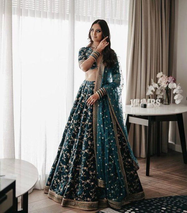 Aastha fashion Teal green Georgette lehanga blouse Zari, Dori and 3MM Sequence Embroidered - Prithvi Mart