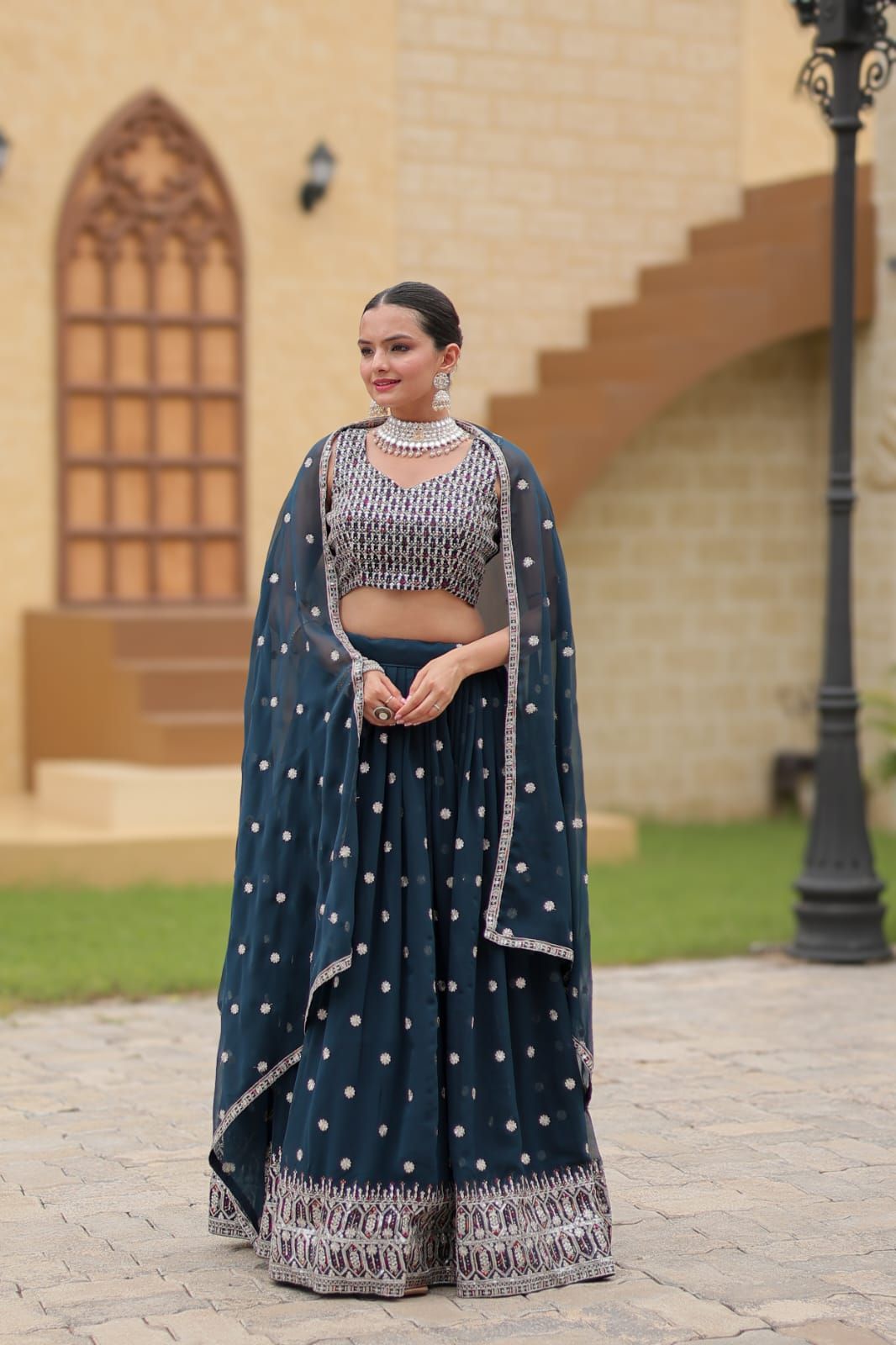 Aastha fashion teal faux georgette lehanga blouse fabric embroidery work