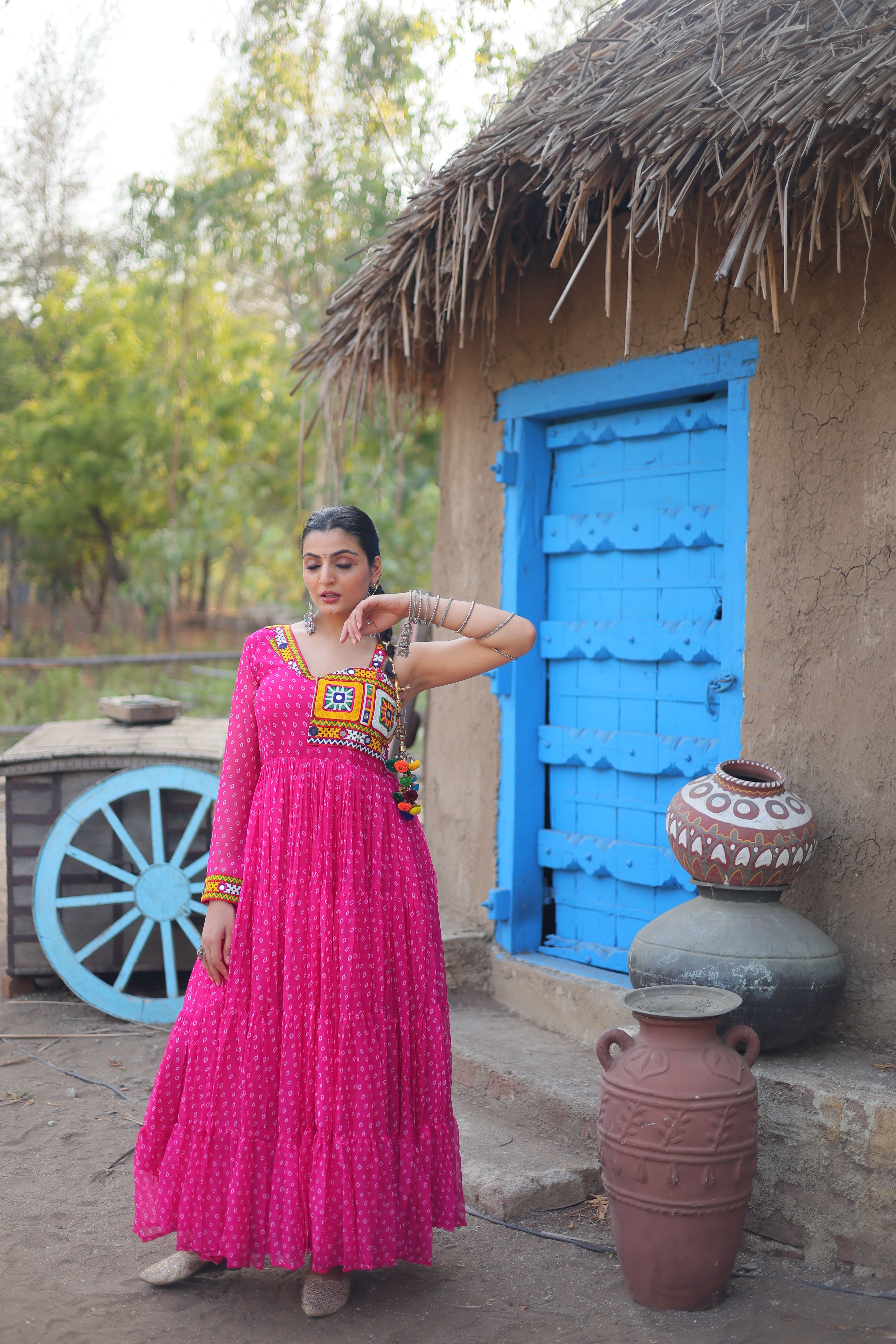 Aastha Pink with Gown fabric Faux Georgette Bandhani Print work with kutchi patchework