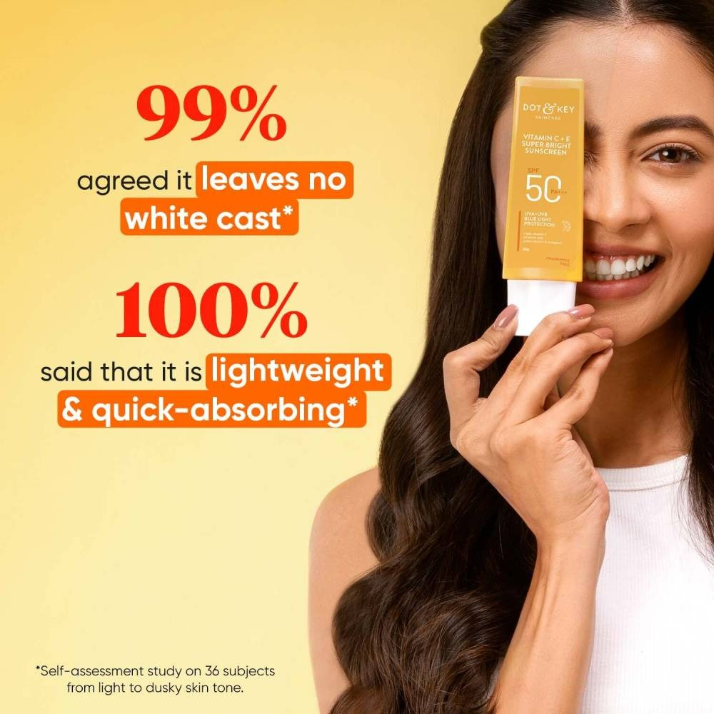 Dot & Key Vitamin C + E Face Sunscreen SPF 50 PA+++ For Glowing Skin, 100% No White Cast