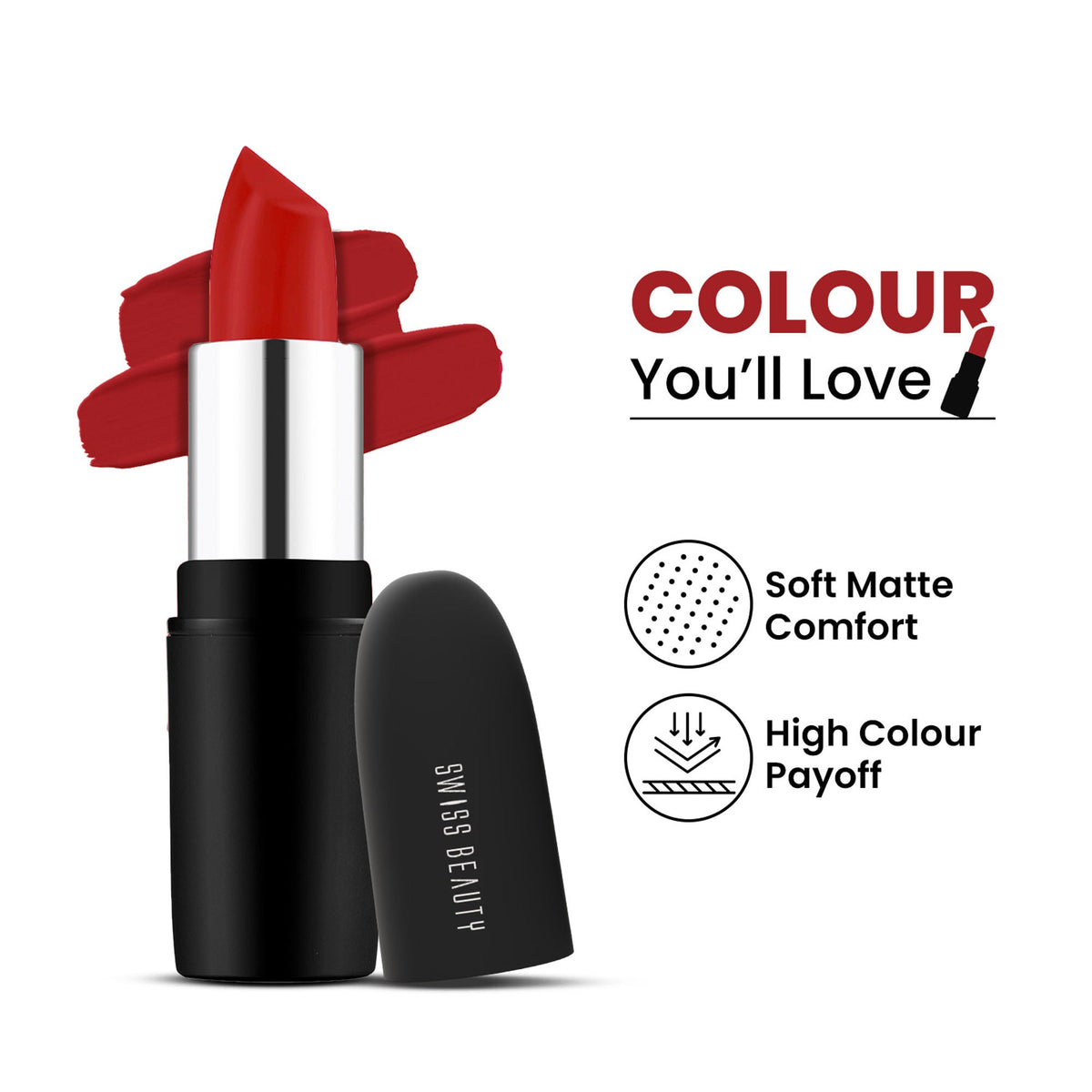 Swiss Beauty Pure Matte Lipstick , Non-Drying, Smooth Glide, Long Lasting - 221 Hot Red