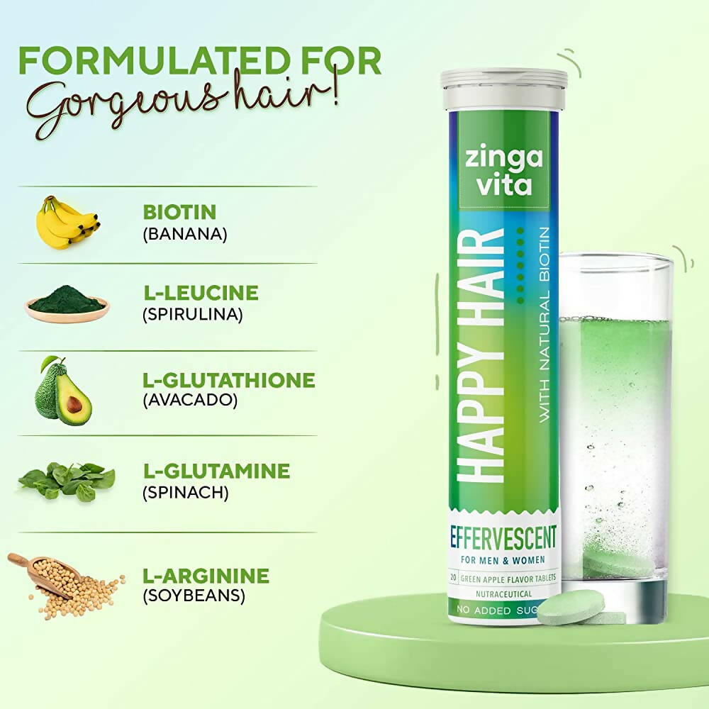 Zingavita Happy Hair Biotin Effervescent Tablets (Green Apple Flavor) Sugar Free