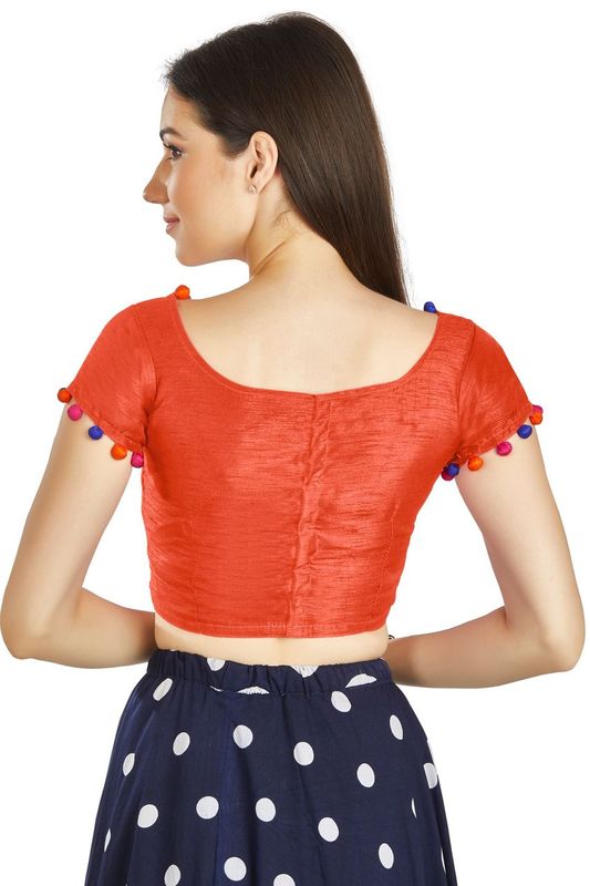 Aastha fashion Orange Art Sleek Boat Neck Blouse Work Potli Design In Neck Or Sleeve