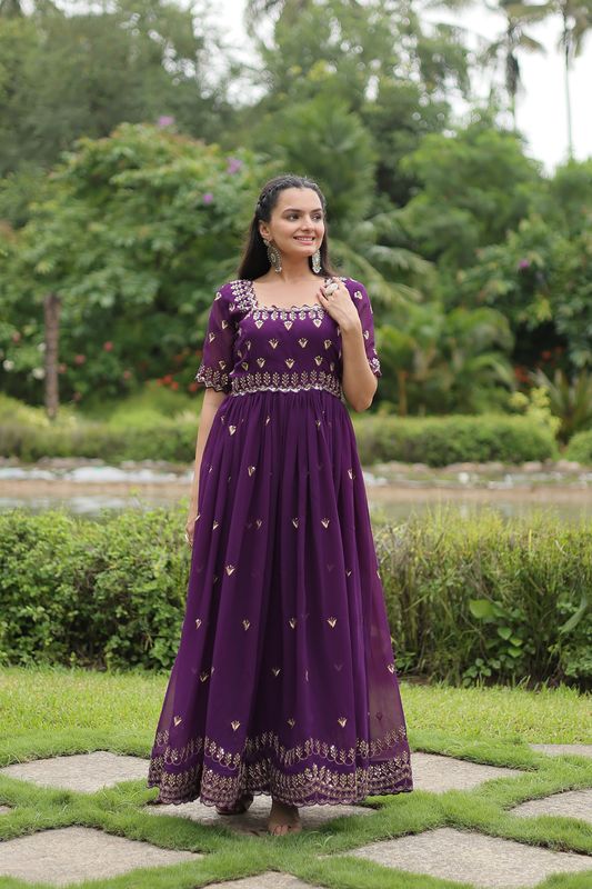 Aastha Purple Faux Blooming with Gown Embroidery Zari Sequins-work