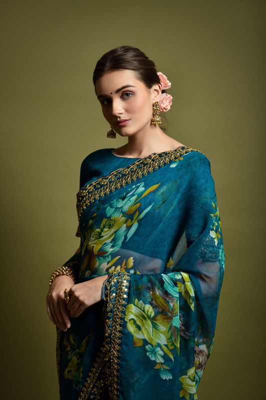 Aastha Teal Heavy soft Chiffon Heavy Mono Banglori beautiful floral Print Work